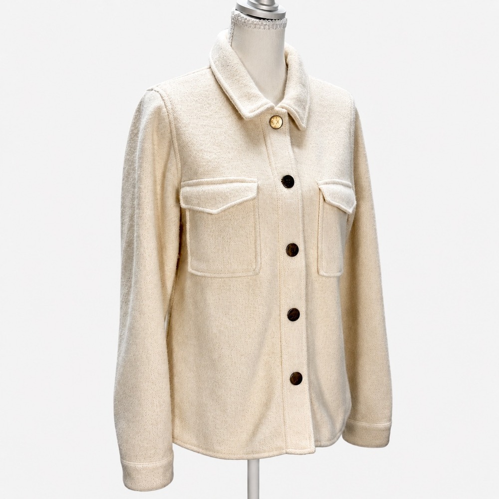 Lulus Cream Sparkly Gold Knit Shacket Women's Small Quiet Luxury Shirt Jacket